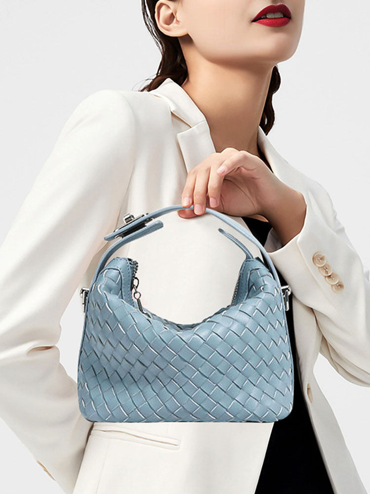 Women's handwoven handheld leather bag — alternate angle