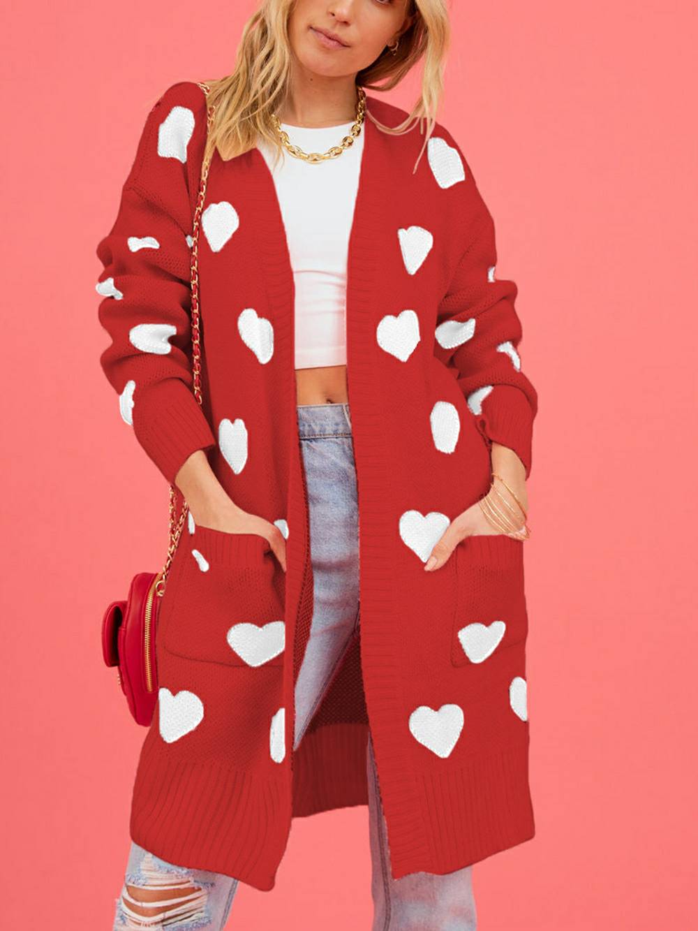 Women's heart print knit cardigan — alternate angle