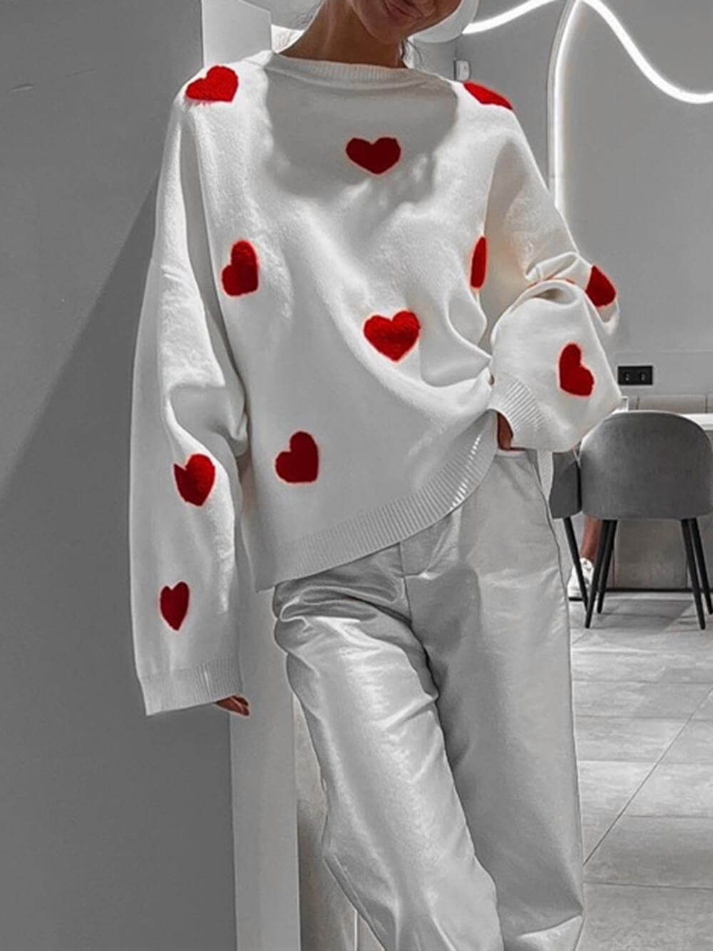 Women's white red heart print knit sweatshirt — alternate angle