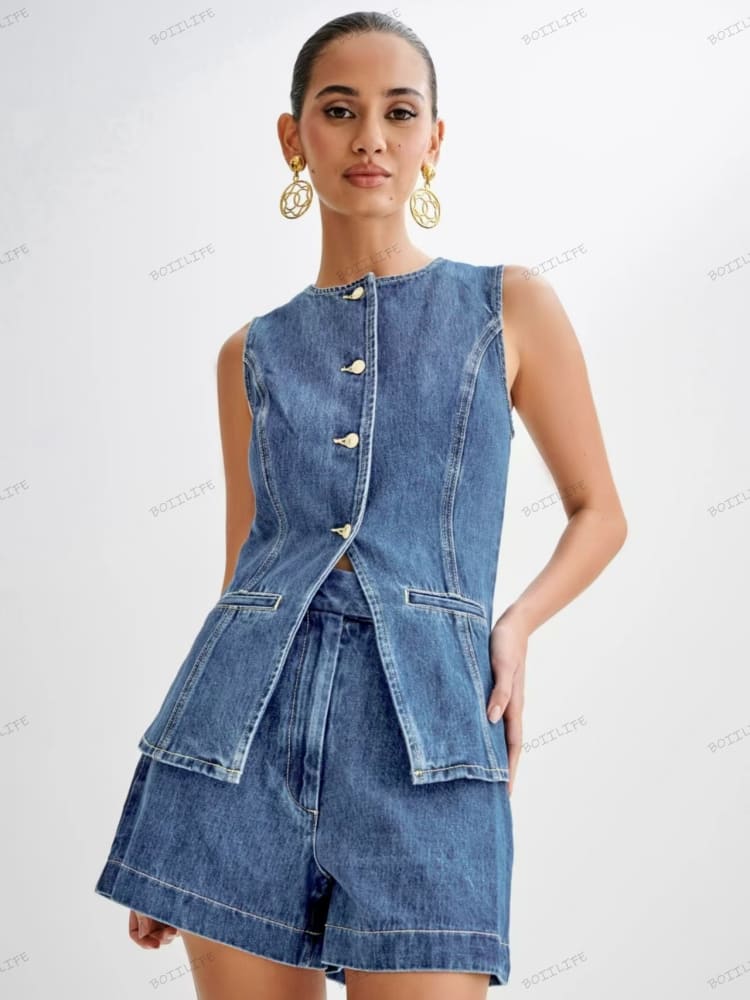 Women's high-waisted denim shorts set with button front