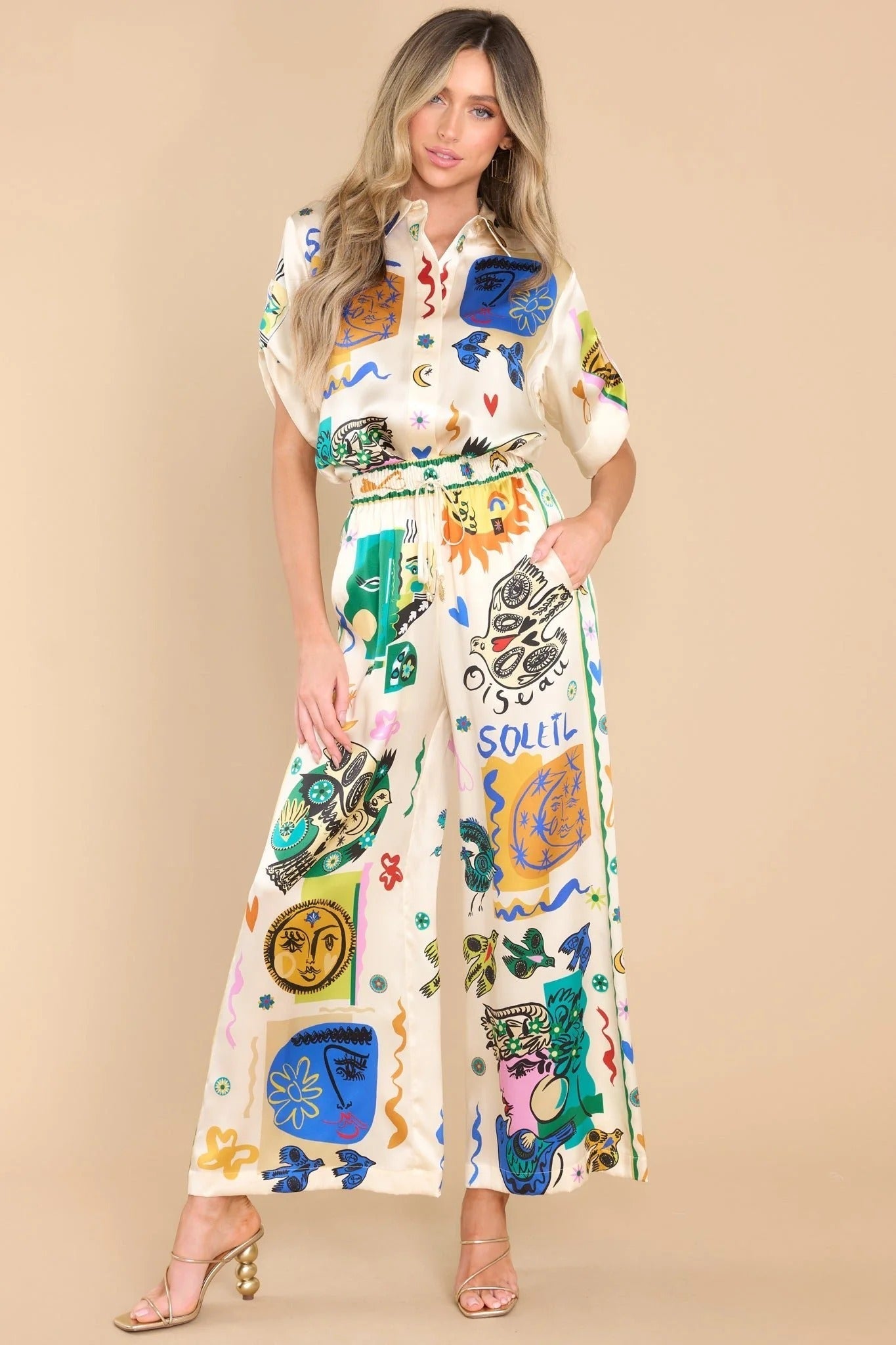 Women's ivory print oversized shirt and pants set