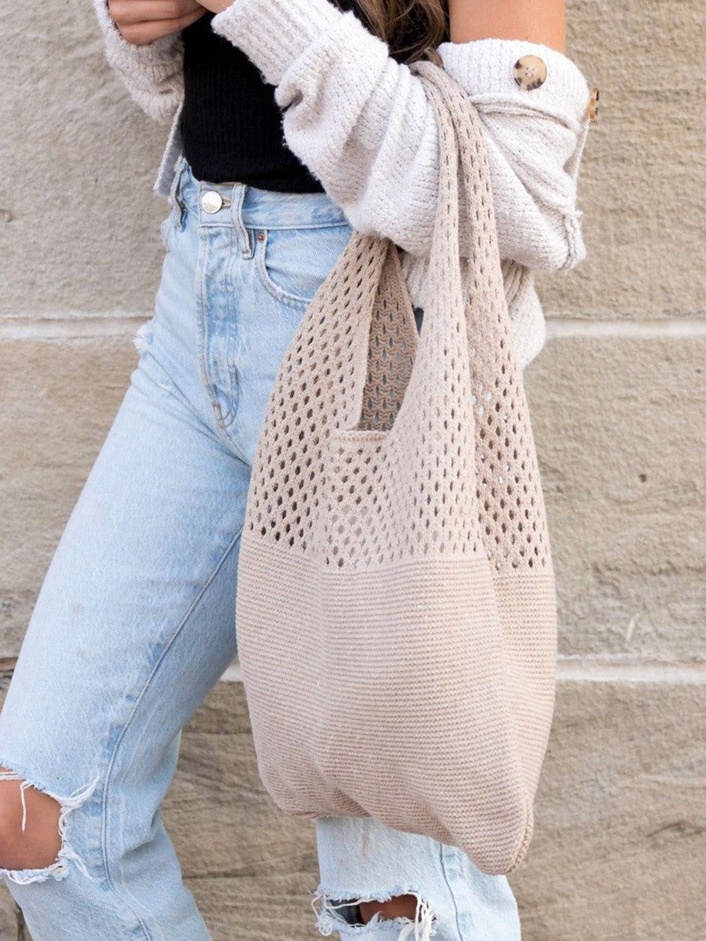 Women's Khaki Textured Knit Hobo Bag