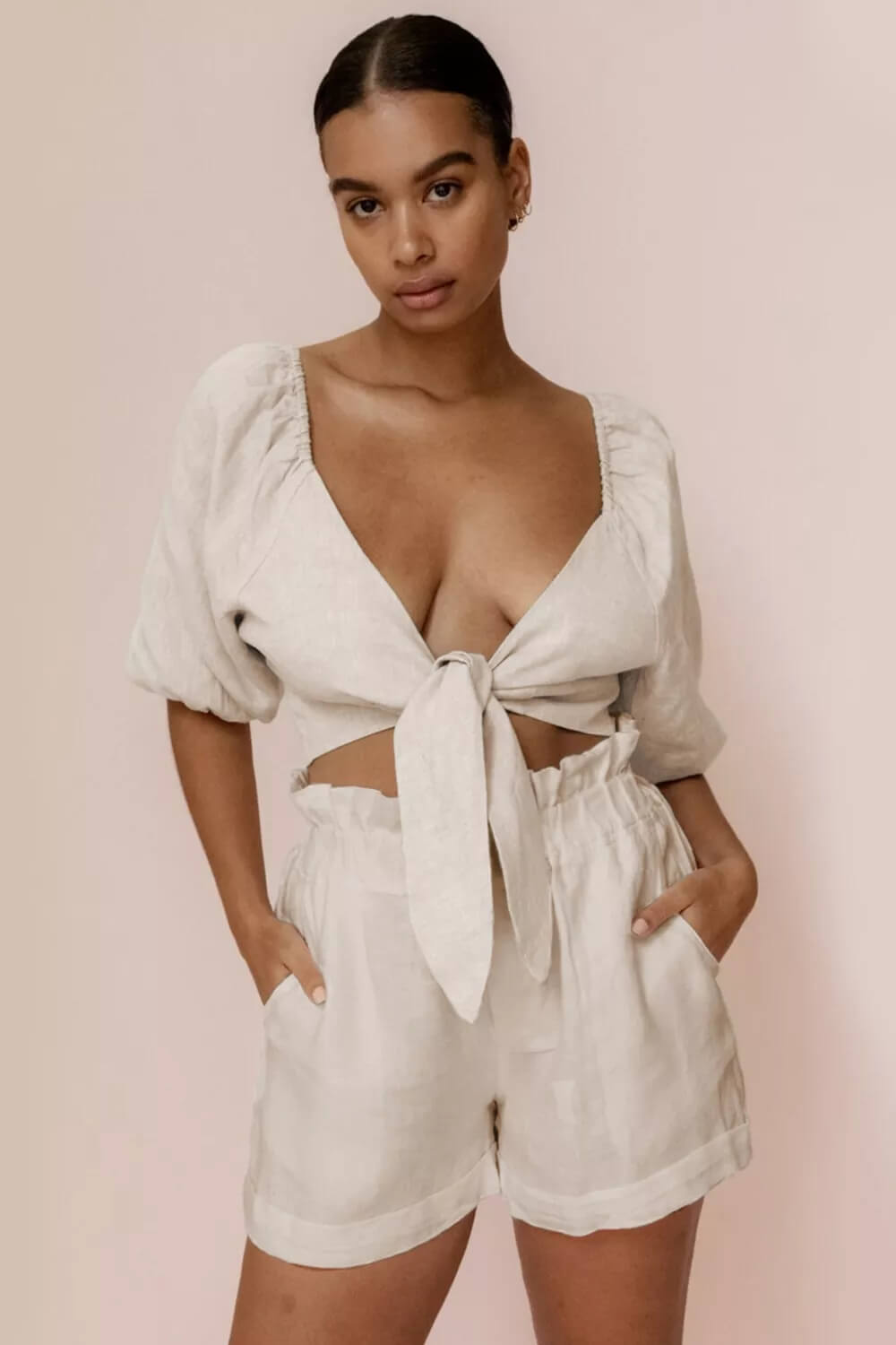Women's khaki wrap-front puff sleeve shorts set — detail view