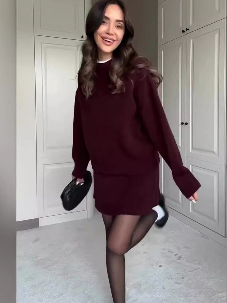 Women's knit sweater and mini skirt set