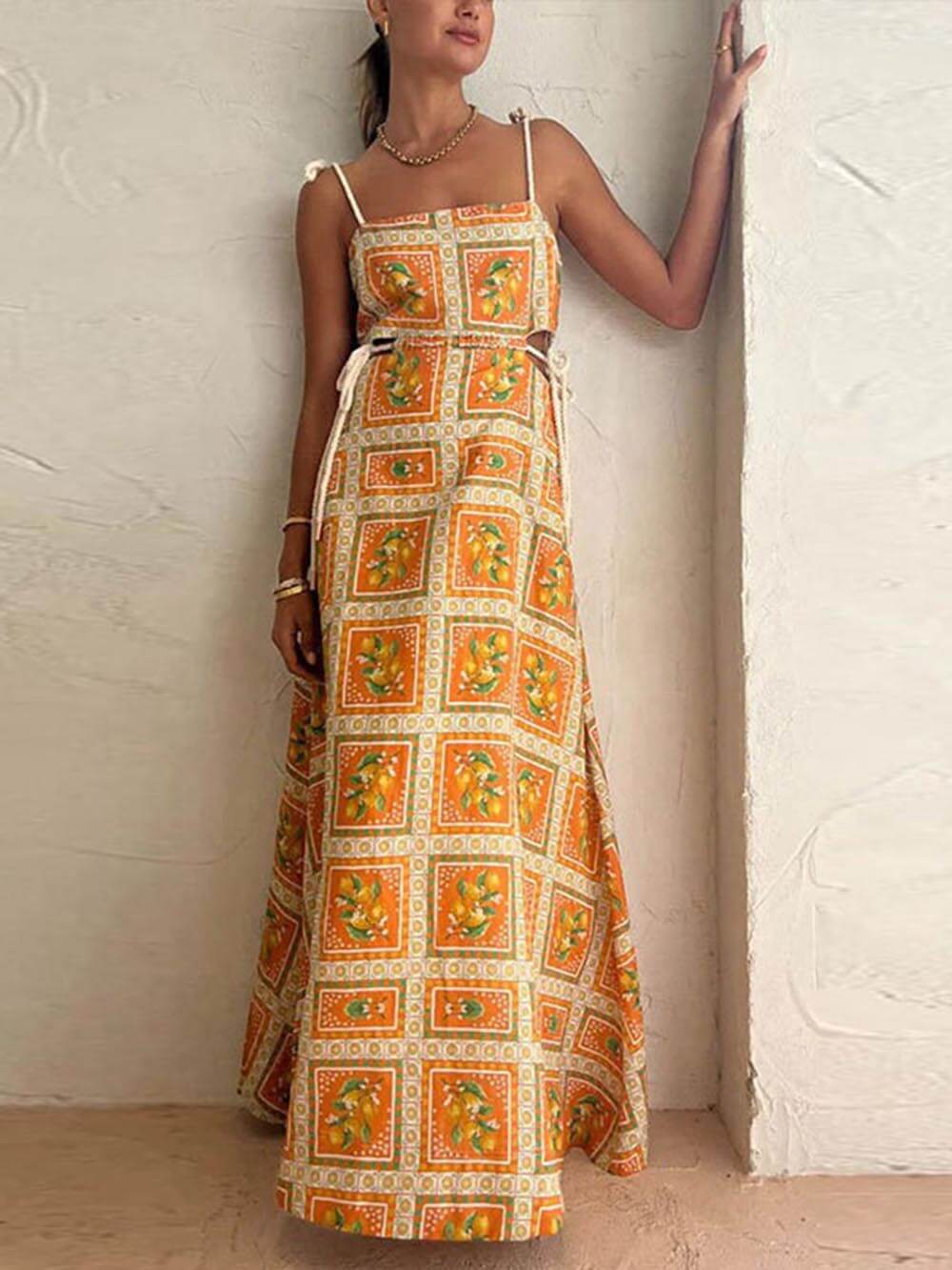 Women's yellow lemon print strappy maxi dress