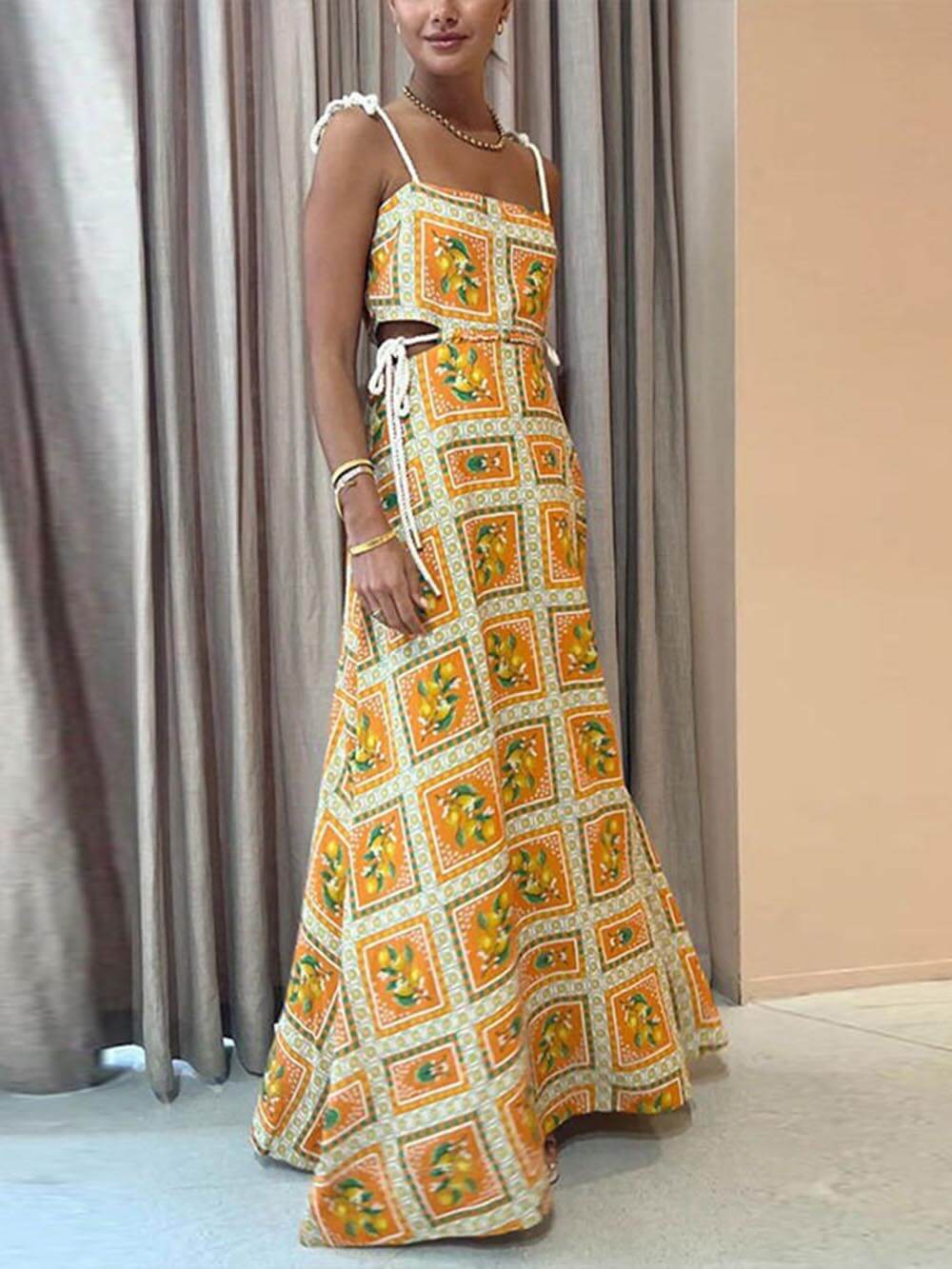 Women's yellow lemon print strappy maxi dress