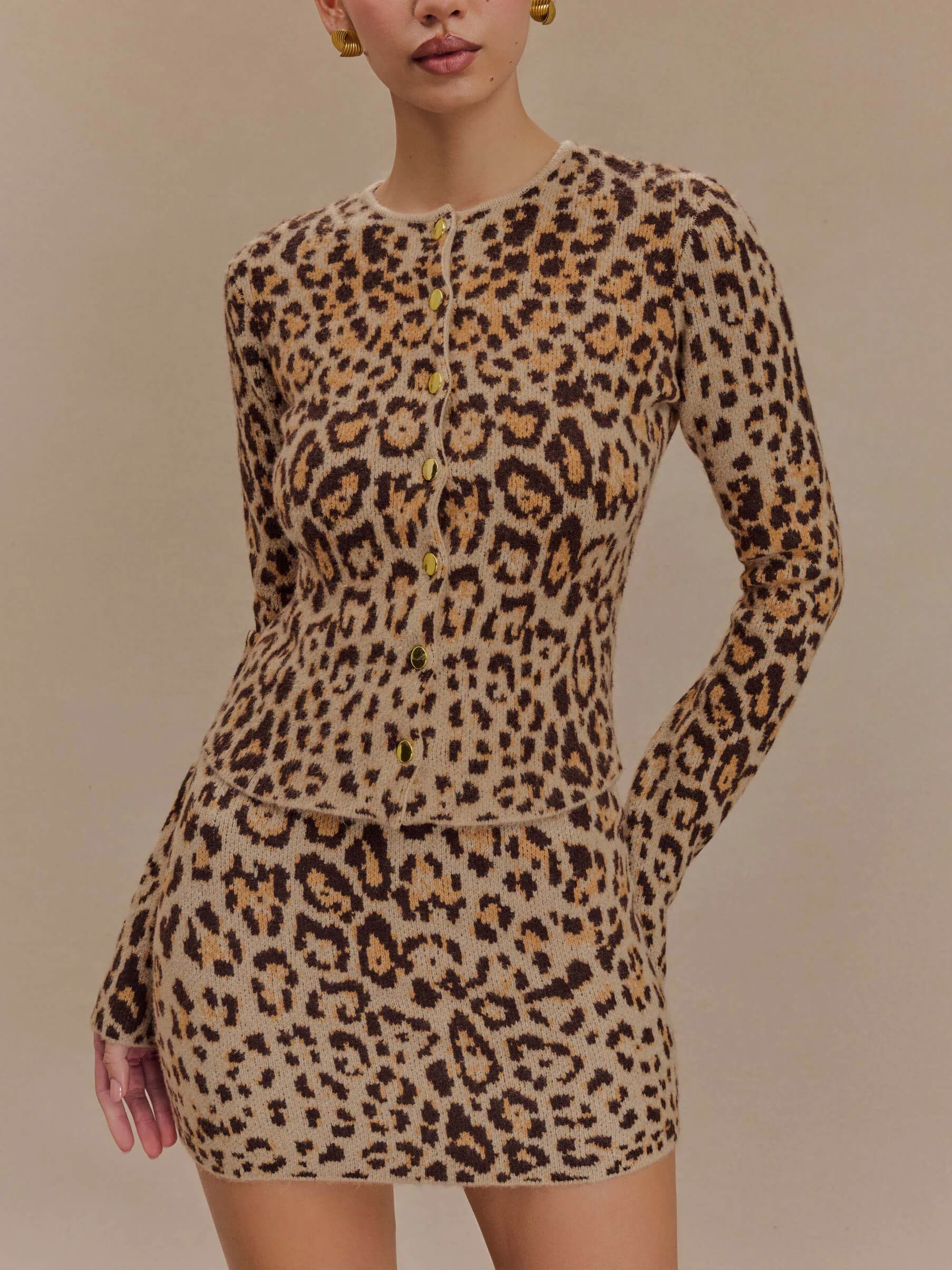 Women's leopard knit cardigan skirt set