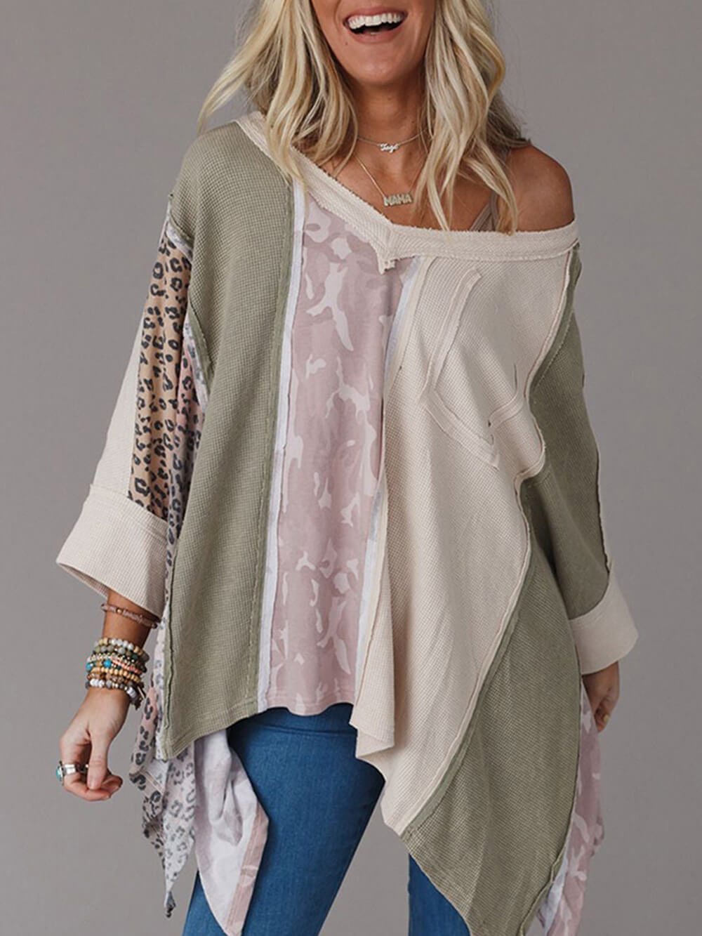 Women's White Leopard Print Patchwork Sweatshirt — back view