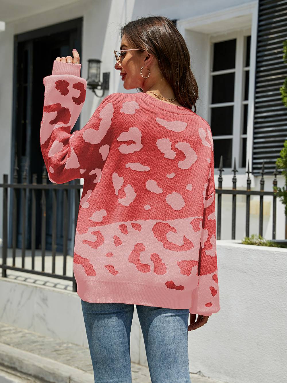 Women's leopard print knit sweater — front view