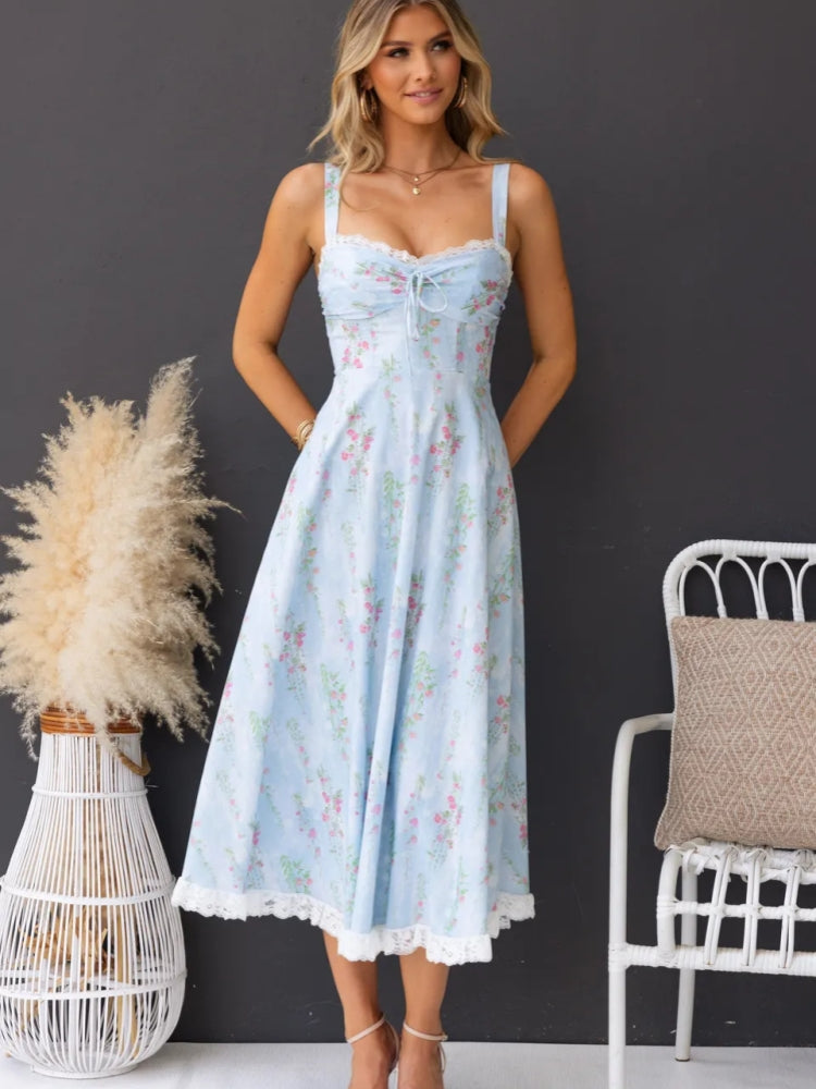 Women's light blue printed lace-trim slip dress — back view