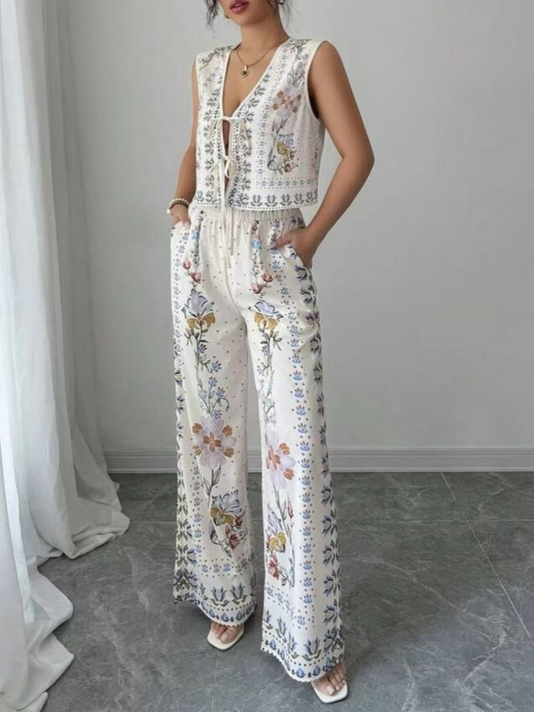 Women's light blue tie-up vest wide-leg trouser set — back view