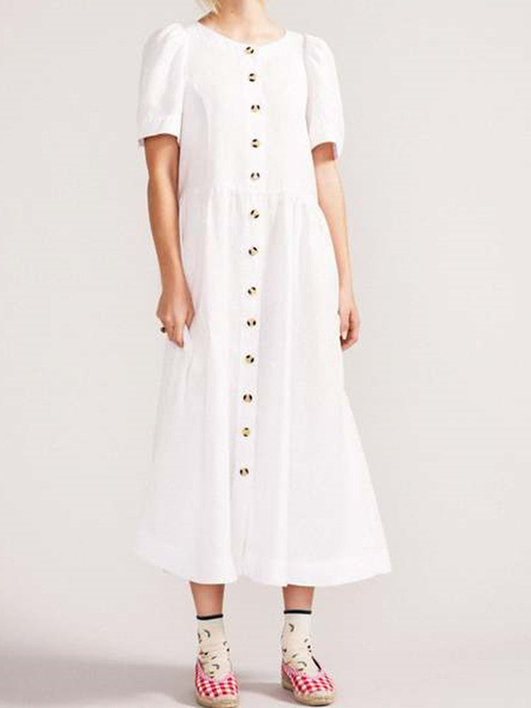 Women's linen button-down V-neck shirt midi dress — back view