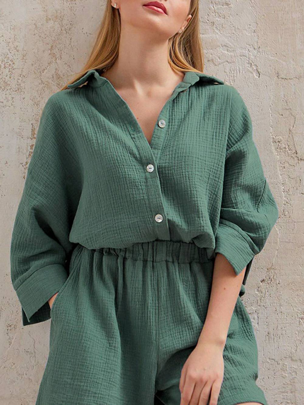 Women's linen-cotton blouse and shorts co-ord set — colour option