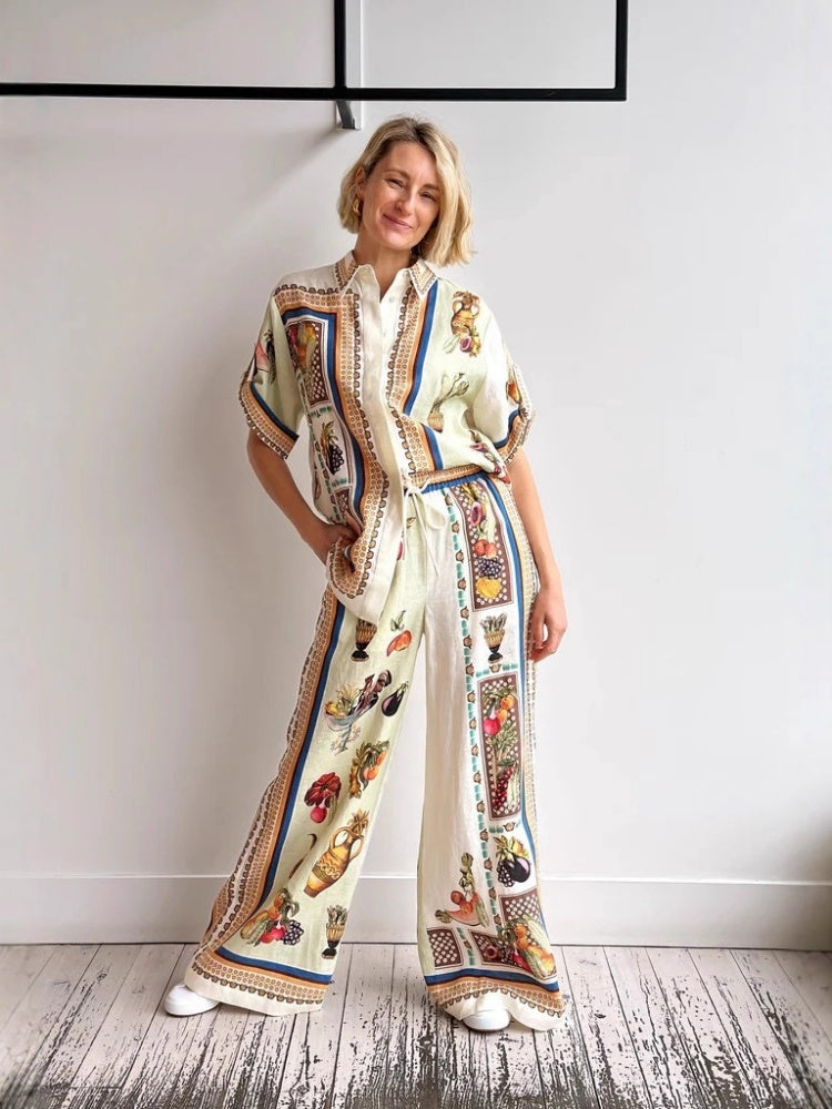 Women's linen drawstring shirt and pants set