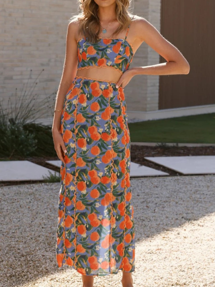 Women's linen skirt set with lace trim and side slit detail