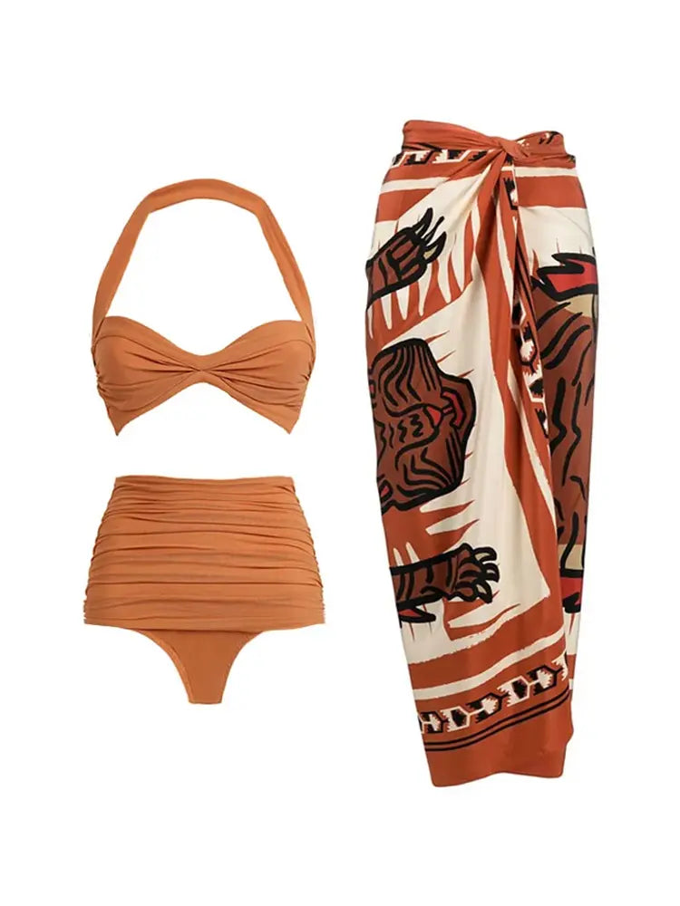 Women's mesh patchwork halter swimsuit and skirt set