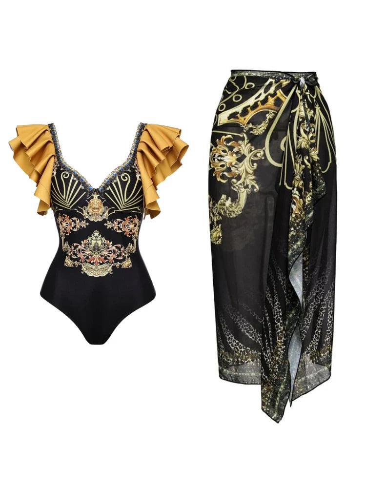 Women's metallic ruffle-trim swimsuit set