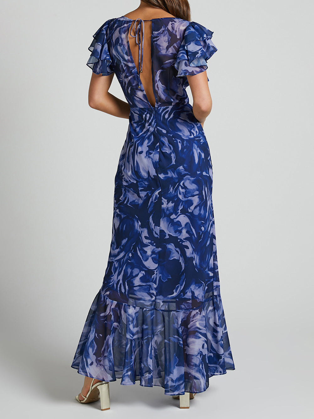 Women's navy V-neck flutter sleeve maxi dress — back view