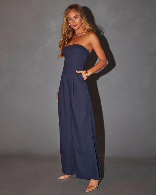 Women's navy strapless jumpsuit — pocket detail