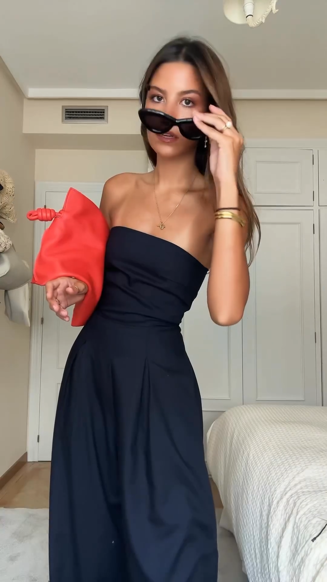 Women's navy strapless jumpsuit — alternate angle
