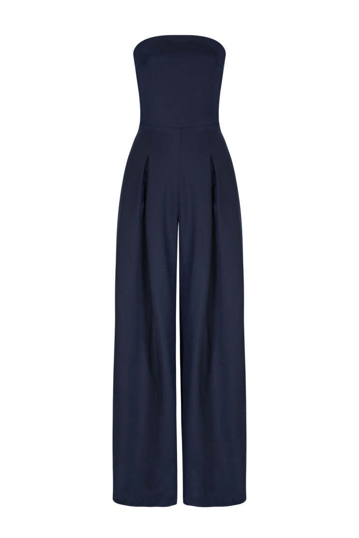 Women's navy strapless jumpsuit — close-up
