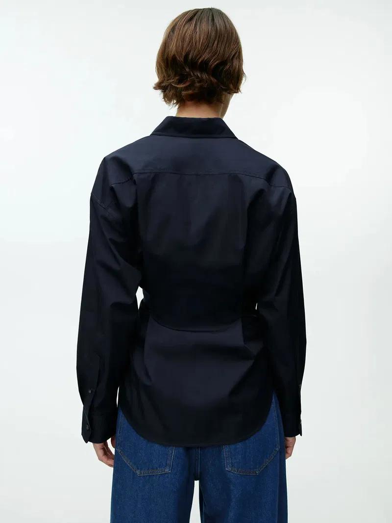 Women's Navy Asymmetric Wrap Shirt — side detail