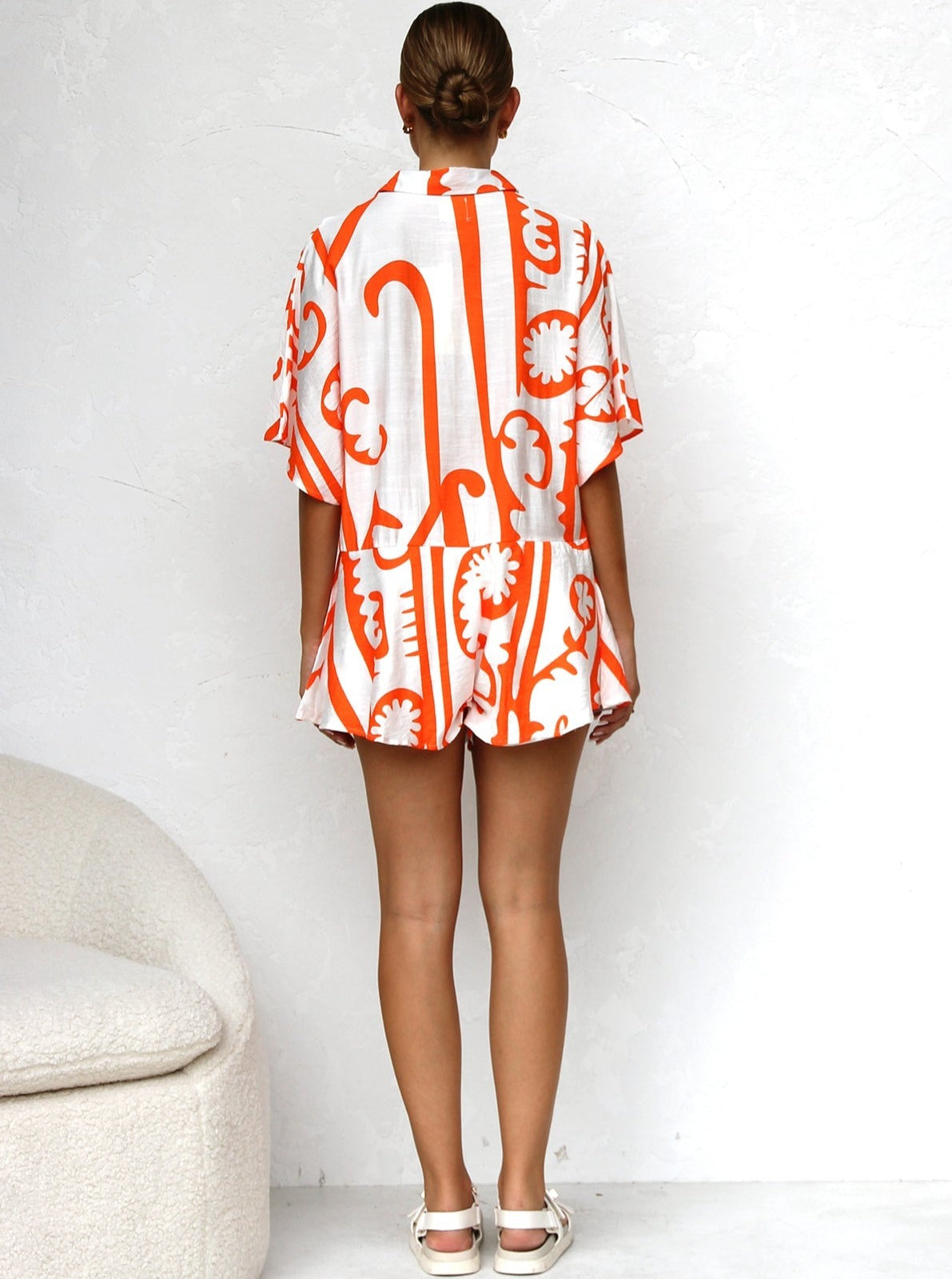Women's Orange Collared Button-Front Playsuit — side view