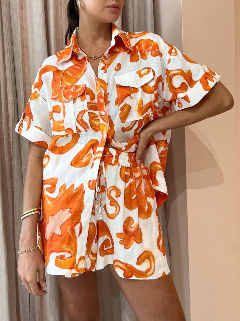 Women's orange lapel shirt and shorts co-ord set — alternate angle