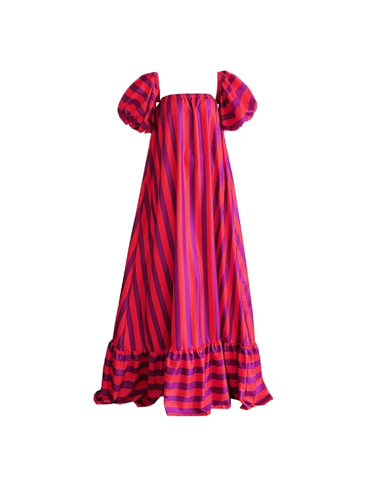 Women's orange puff sleeve striped maxi beach dress — detail