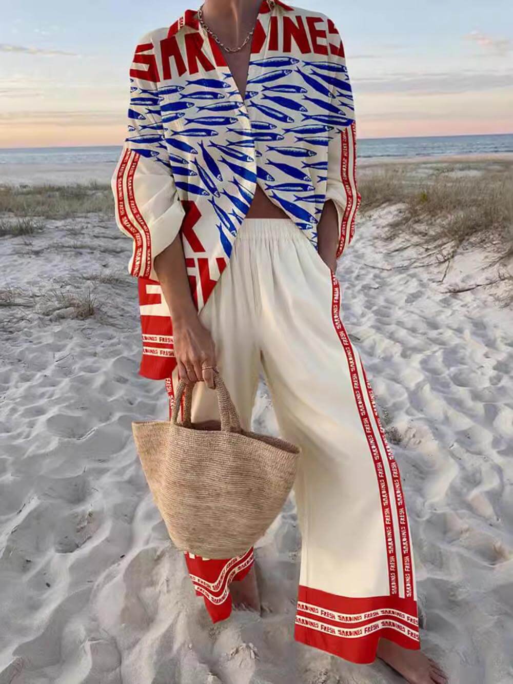 Women's red oversized shirt wide-leg trouser set