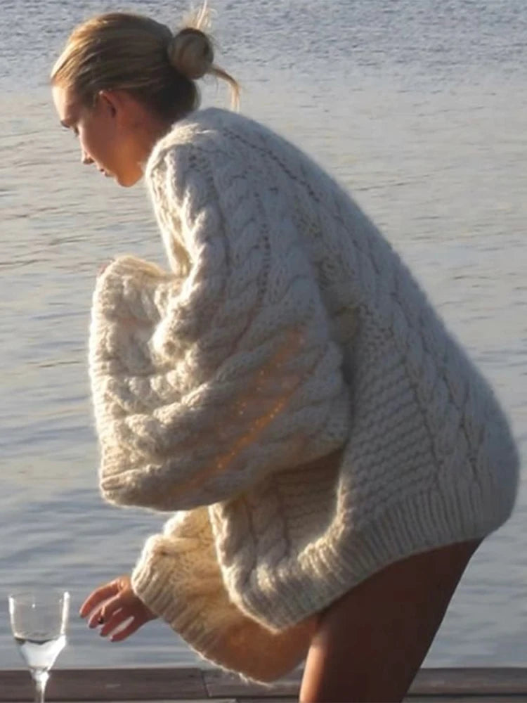 Women's Oversized Twist-Knit Sweater — styled view