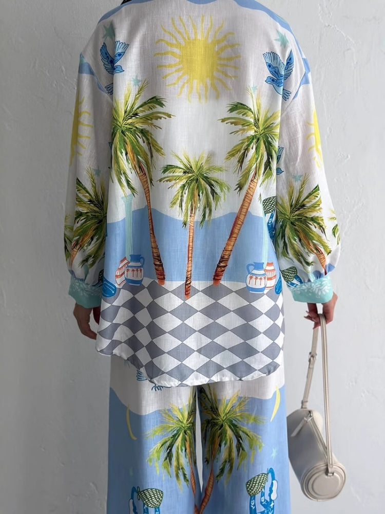Women's palm tree print two-piece set — pink colourway