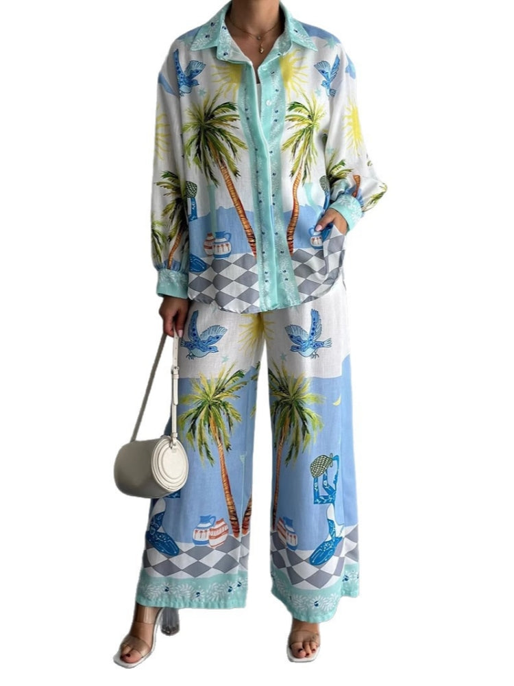 Women's palm tree print two-piece set — detail
