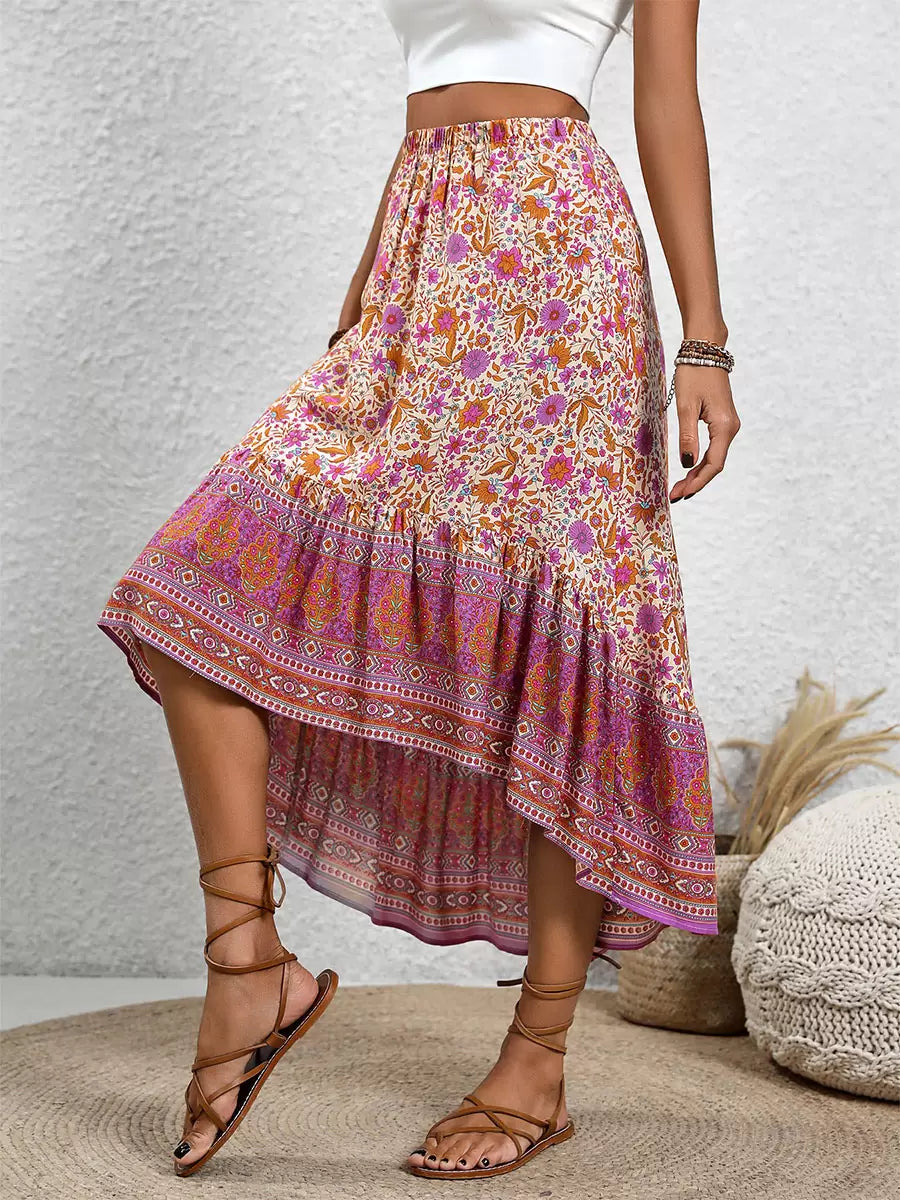 Women's pink asymmetrical midi skirt — full length