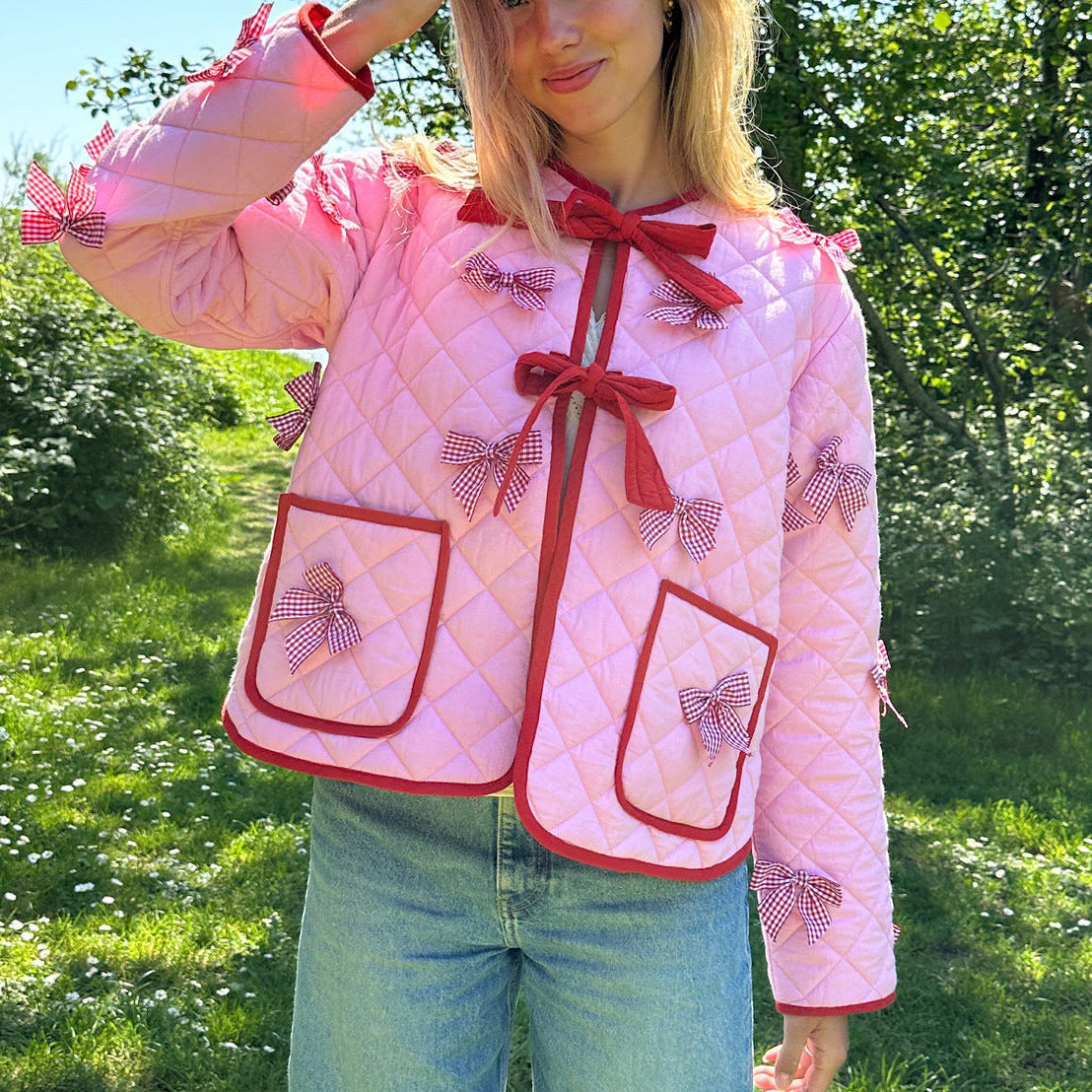 Women's Pink Bow Embroidered Quilted Jacket