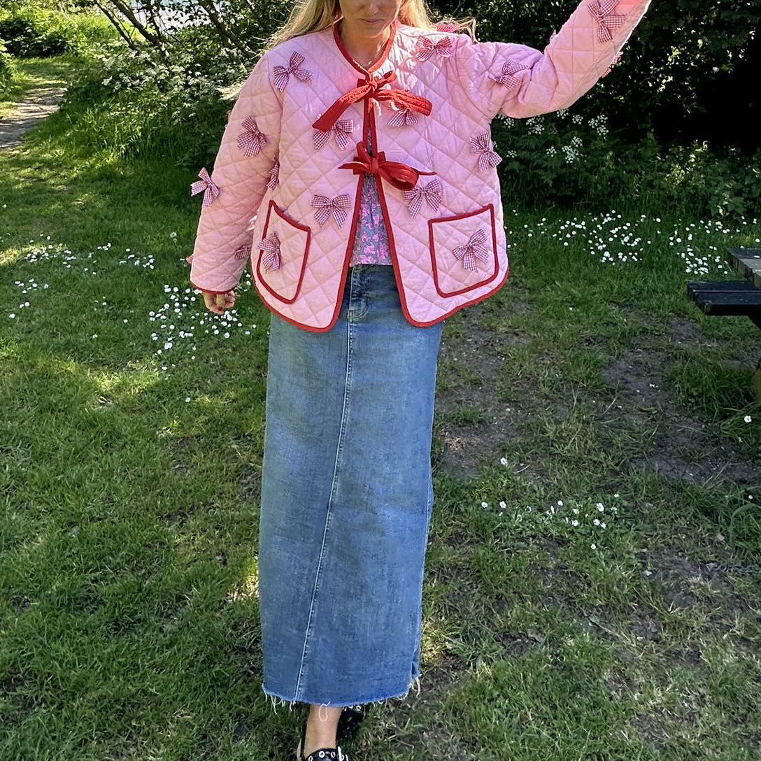Women's Pink Bow Embroidered Quilted Jacket — bow detail