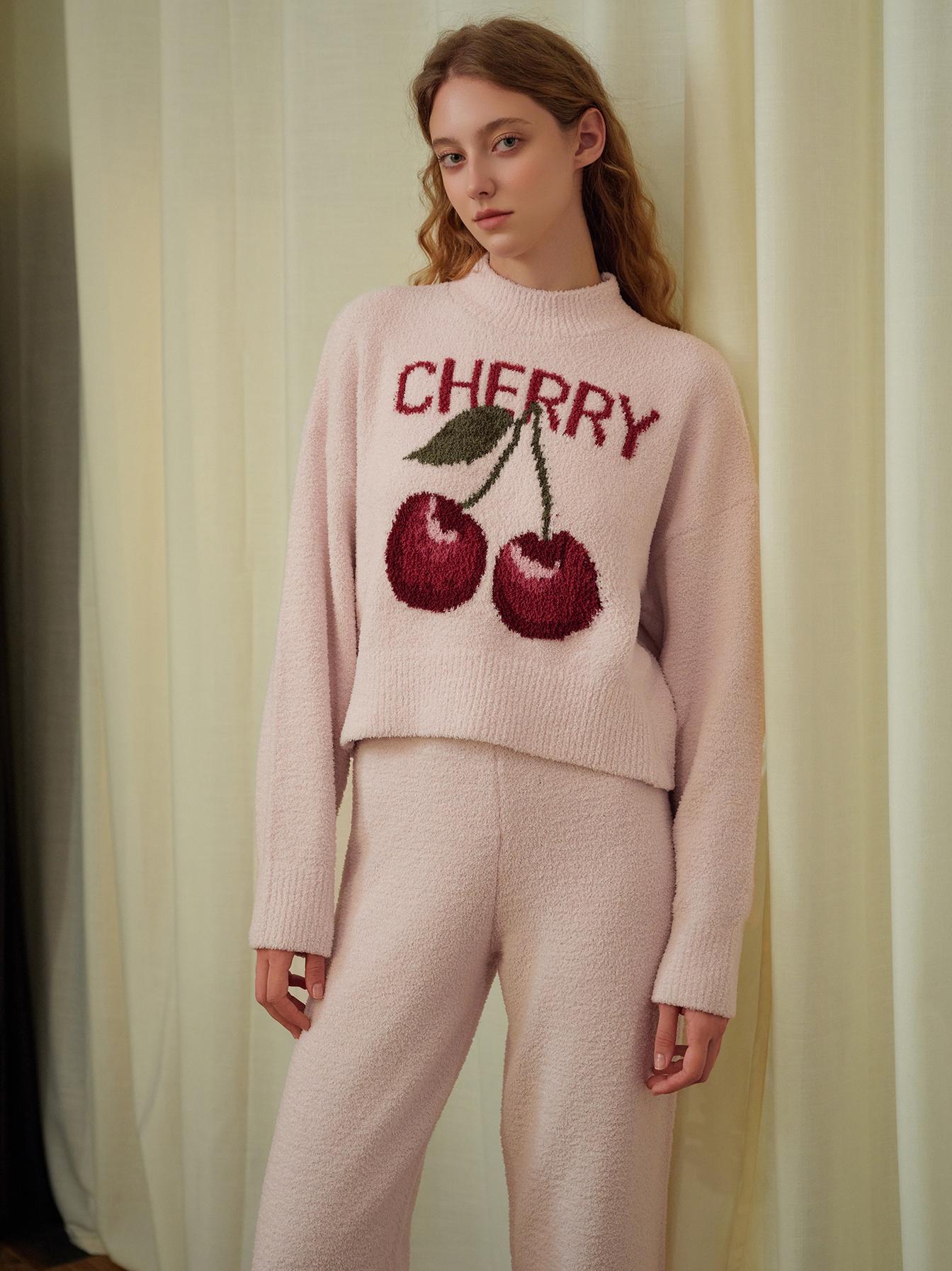 Women's pink cherry print velvet pyjama set