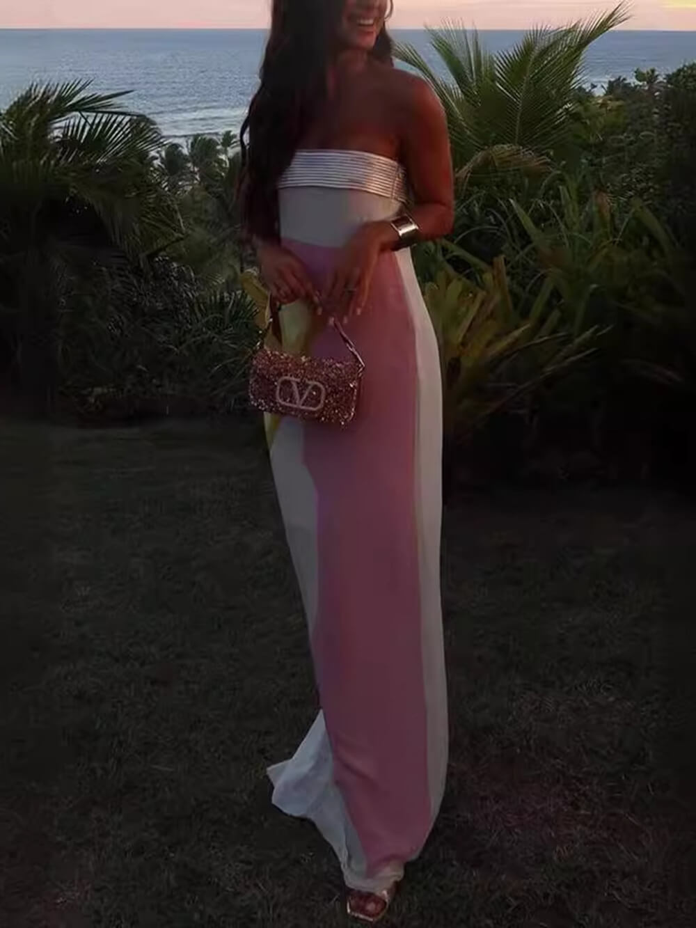 Women's pink chest-wrap printed floor-length maxi dress — back view