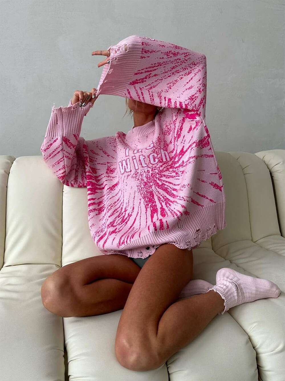 Women's Pink Contrast-Letter Knit Sweater