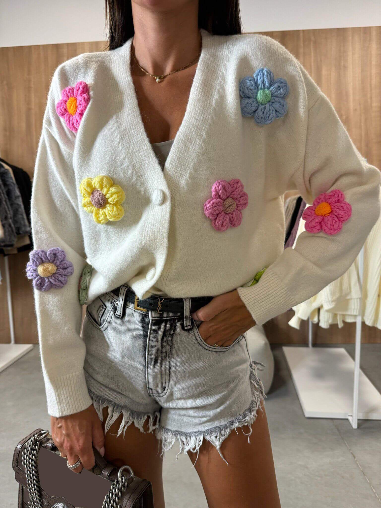 Women's pink crochet cardigan — alternate angle