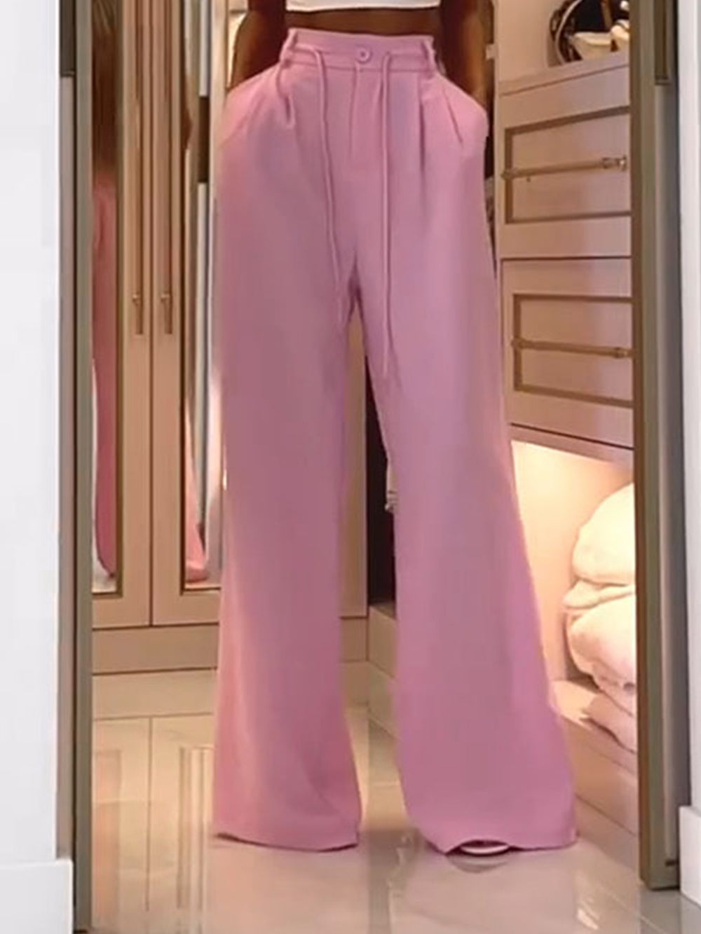 Women's Pink Pleated Wide Leg Trousers — alternate angle