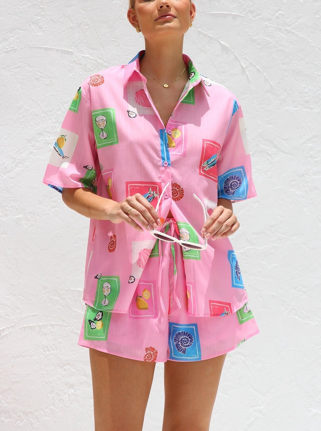 Women's pink print collared shirt and shorts set