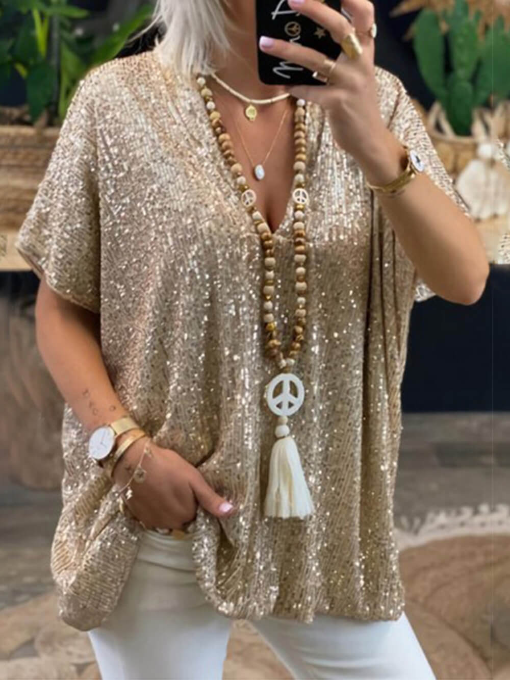 Women's pink sequin V-neck short sleeve top