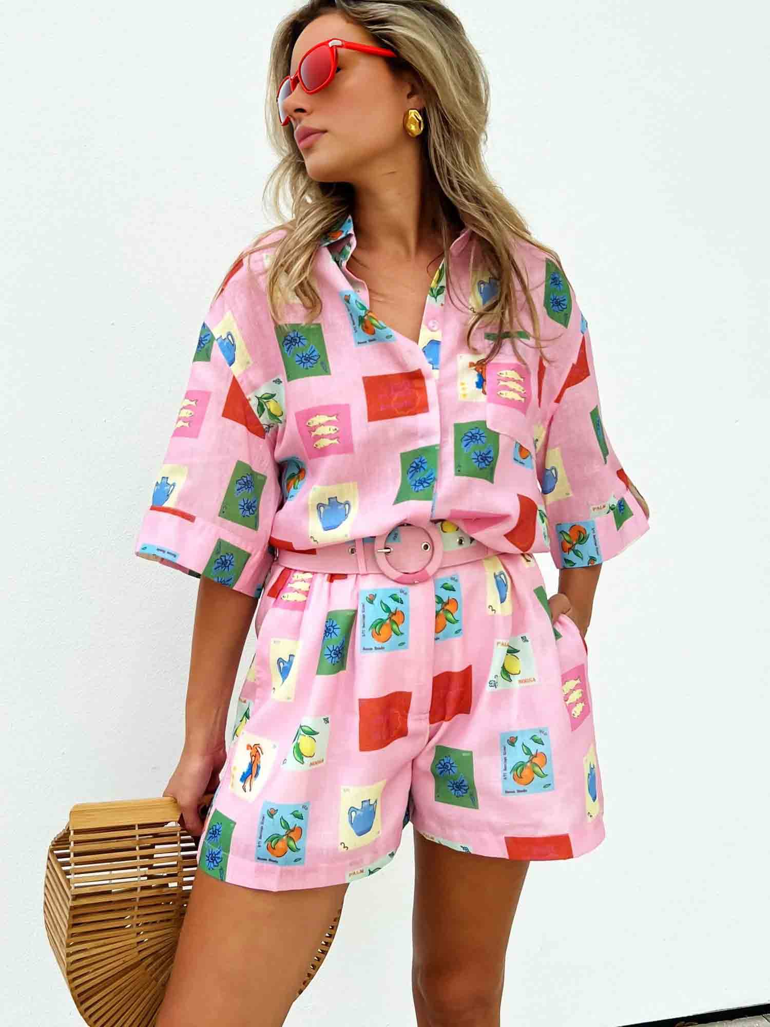 Women's pink stamp print short set