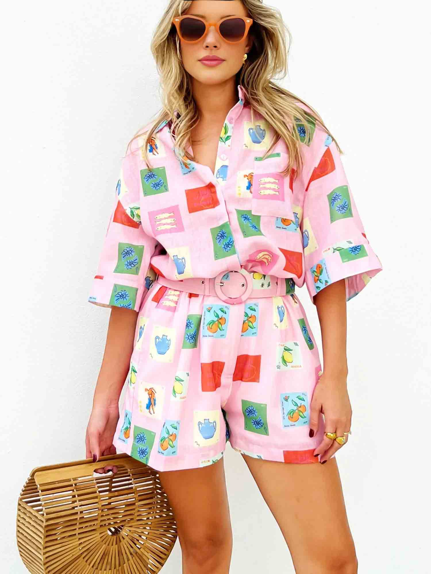 Women's pink stamp print short set — alternate angle