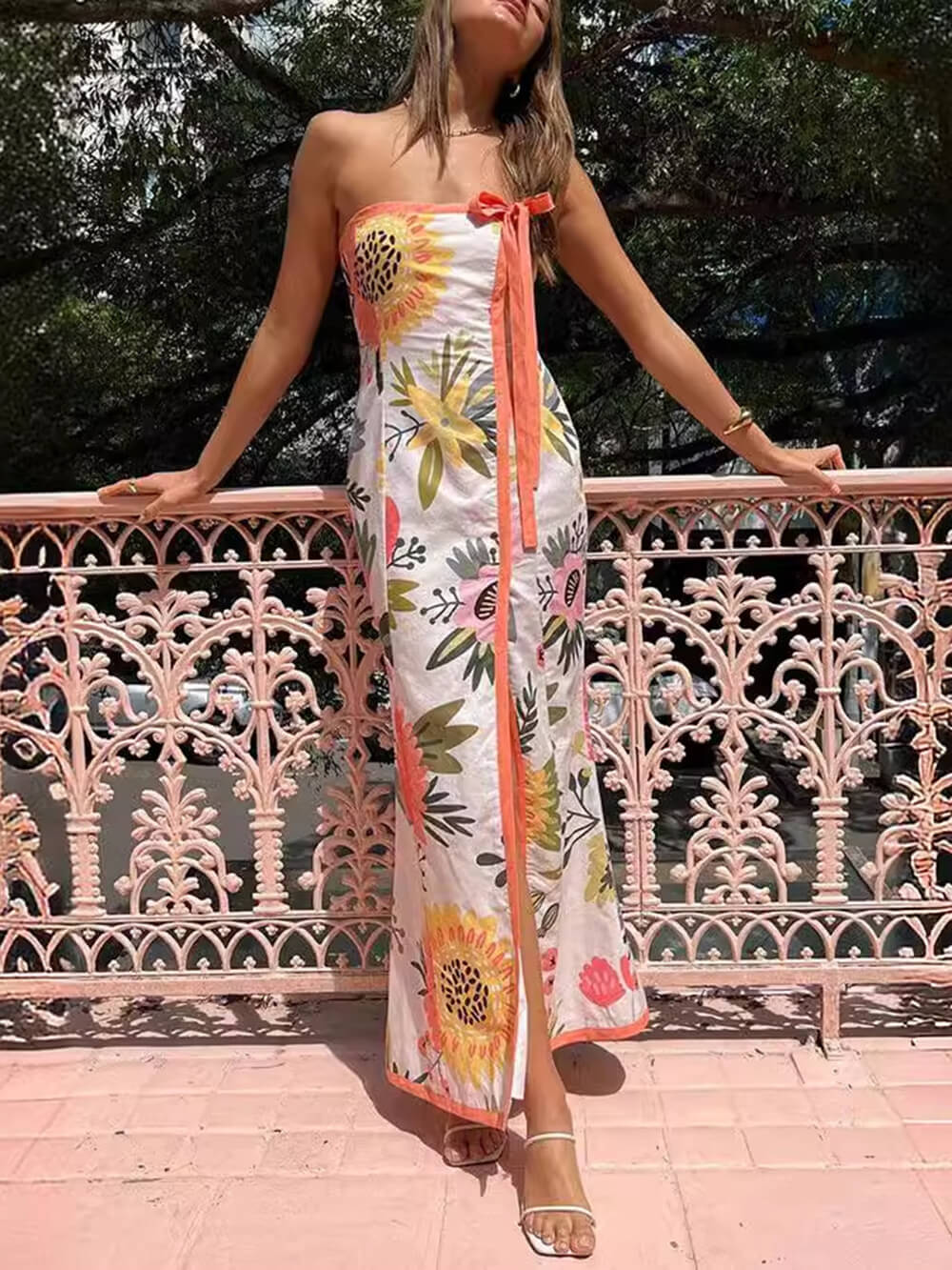 Women's pink wrap split printed midi dress
