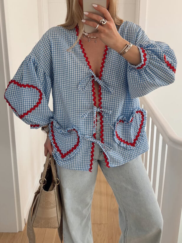 Women's plaid lace-up blouse with relaxed fit