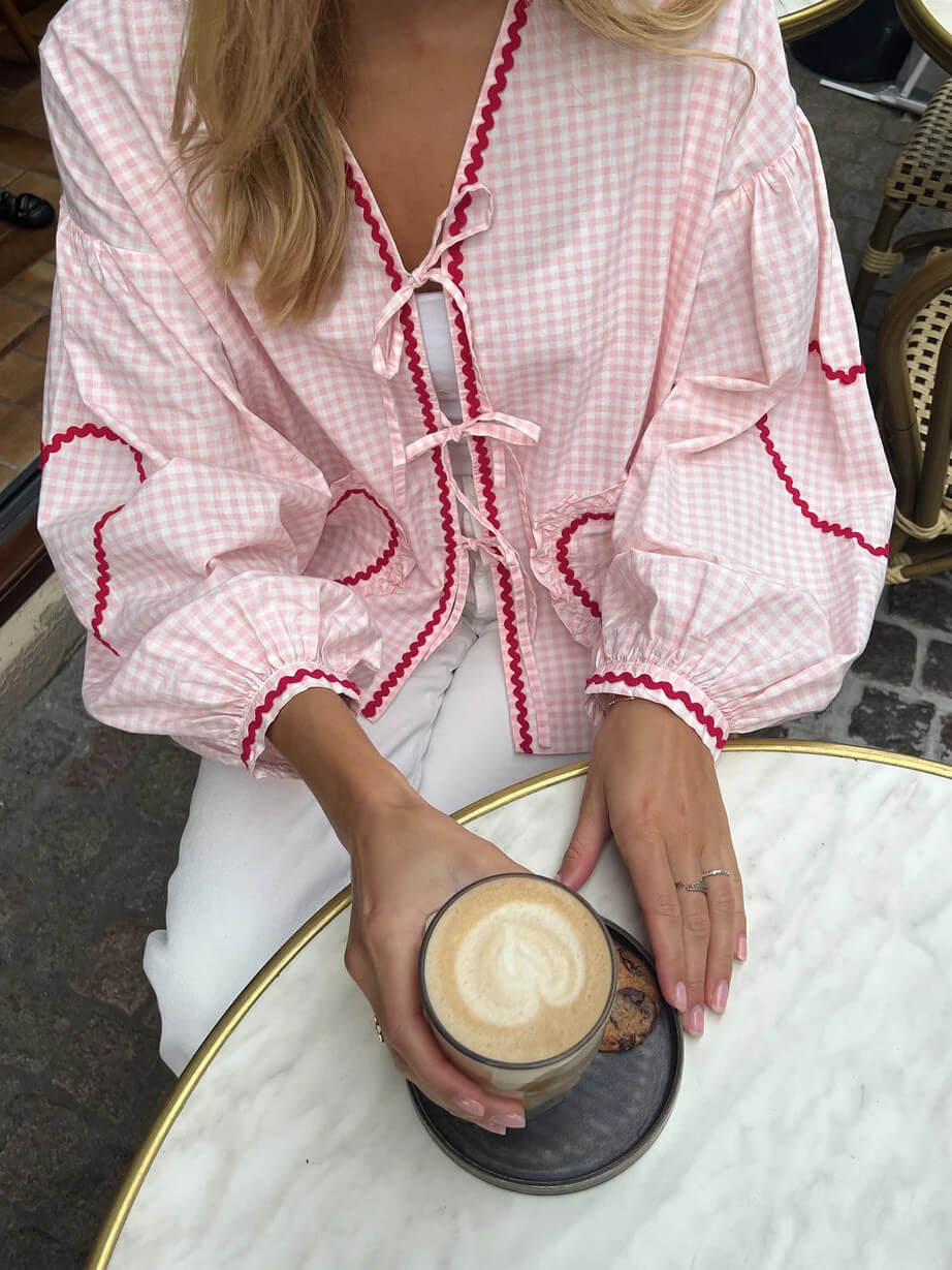 Women's plaid lace-up blouse with relaxed fit