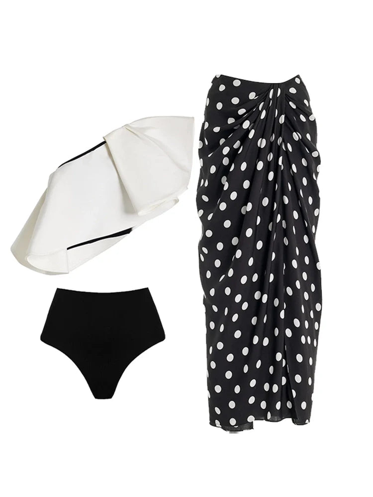 Women's monochrome polka dot bikini set with wrap skirt — full length