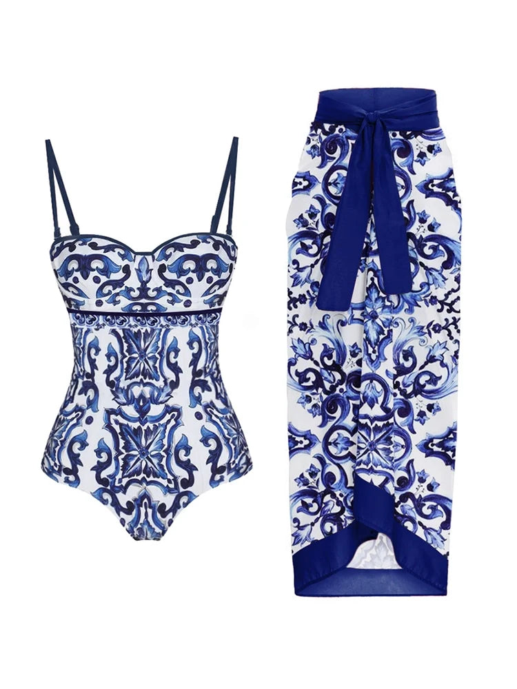 Women's porcelain print swimsuit set